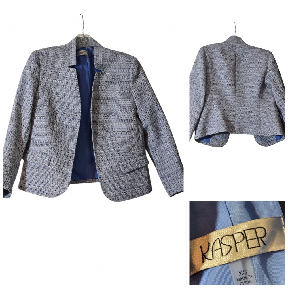 Kasper Womens Blue White Tweed Textured Open Front Blazer Jacket Size XS